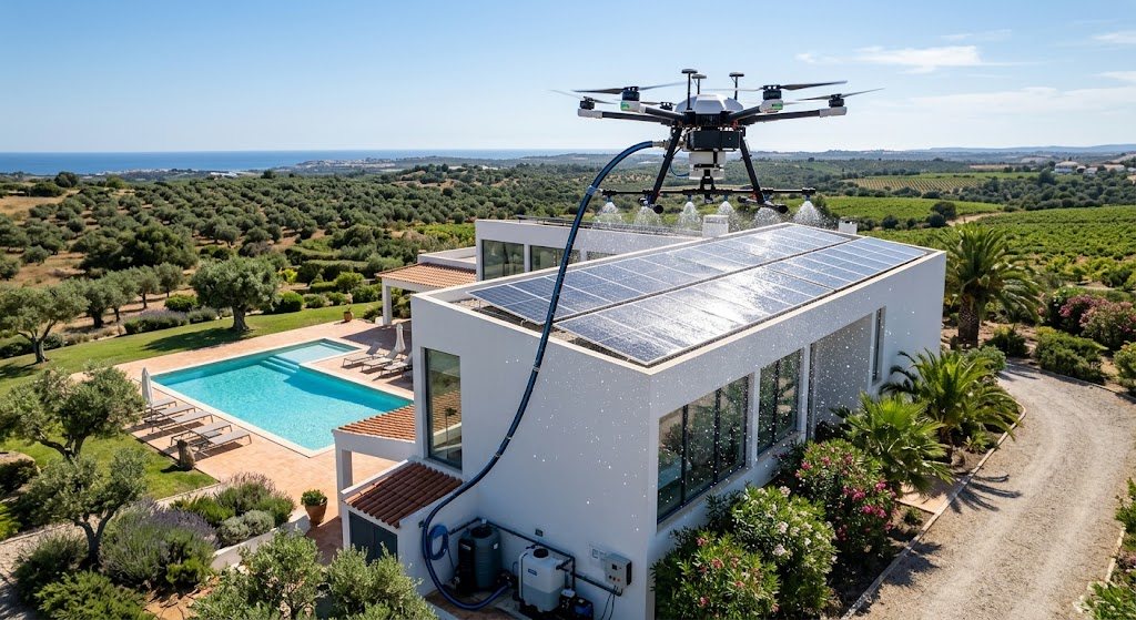 Drone a lavar painéis solares no telhado de uma moradia com piscina